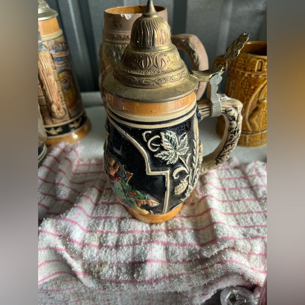 Vintage German Beer Stein Men Drinking Forest Scene